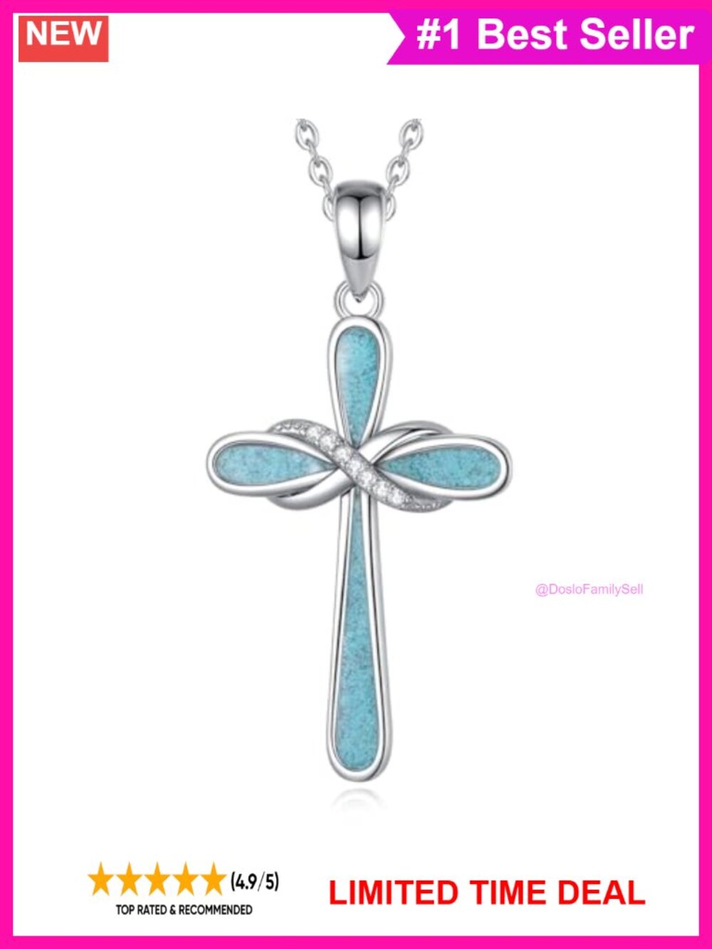 S925 Sterling Silver Cross Necklace Rhodium Plated Crushed Turquoise Pendant